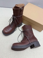 Bottes de moto vintage en cuir pour femme, à lacets, avec fermeture éclair latérale, talon épais, mi-mollet, style biker, noir et marron