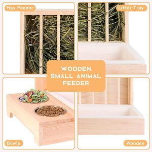 Comedero de madera para conejillos de indias con soporte para heno y tazón para comida, para mascotas de interior, estación de alimentación multifuncional para mascotas - Product Image 5