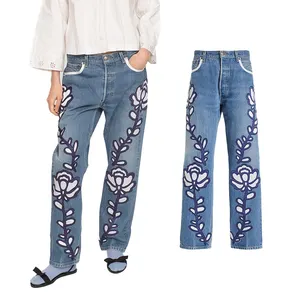 Celana jins wanita pas kasual mode Streetwear celana kaki lurus Denim bordir bunga dicuci kualitas tinggi