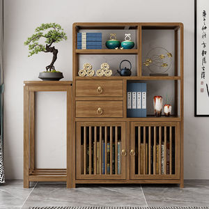 Estante de exhibición de madera maciza, librero de madera de caucho estilo chino, mueble de almacenamiento de pie para sala de estar/gabinete de té - Product Image 3
