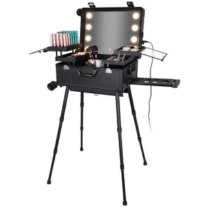 Keyson Odm Oem工厂黑色手推车发光化妆盒便携式专业化妆盒带支架和镜子