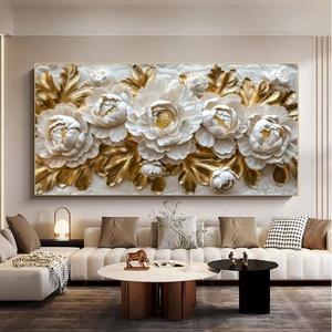 Elegante Quadro Moderno con Fiori Bianchi e Beige e Foglie Dorate, Dipinto Murale in Cristallo, Porcellana e <span class=keywords><strong>Vetro</strong></span> con Diamanti - Product Image 3