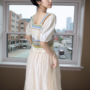 Chemise en mousseline de soie blanche bohème au crochet, broderie florale et papillon, manches courtes, hauts d'été pour femmes - Product Image 2