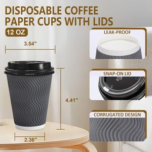 Gobelets à café jetables gris avec couvercles, gobelets à café en papier à paroi ondulée isolée, adaptés aux boissons chaudes/froides au <span class=keywords><strong>chocolat</strong></span> ou au <span class=keywords><strong>cacao</strong></span> - Product Image 3