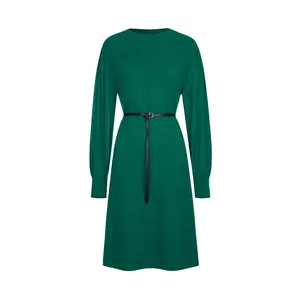 Knitwear manufacturers custom mint green belted elegant casual wool classic dresses for women sweater knitted women's dresses