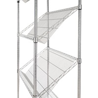 Zware 5-laags schuine schappenrek van zilverkleurig chroom/zink metaal, staand model, versterkt frame, eenvoudige montage, 250 kg/laag