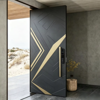 Porte d'entrée pivotante en aluminium sur mesure de luxe avec éclairage LED bleu, grandes portes d'entrée en acier inoxydable noir