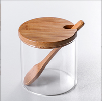 Juego de tarros de especias de vidrio hechos a mano con tapa de bambú y soporte para cuchara, sin BPA, de borosilicato, organizador de condimentos para cocina (sal, azúcar, pimienta)