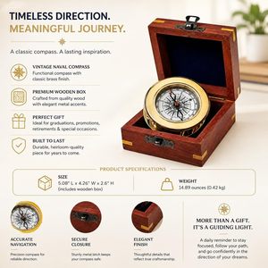 Brass Shine <b>Compass</b> with Analog Dial Handheld Wooden Box Portable Hiking Camping Navigation Gift Home Decor - Product Image 4