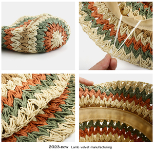 Sọc mũ rơm Mũ mặt trời người phụ nữ bãi biển Kỳ nghỉ cô gái Crochet xô <span class=keywords><strong>hat</strong></span> cổ cầu vồng Gradient tương phản màu sắc mùa hè giấy - Product Image 2