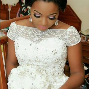 <b>White</b> Off The Shoulder <b>Lace</b> Sheath Wedding Dress Natural Waist Scalloped Neckline Polyester Fiber - Product Image 1