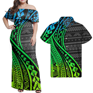 Blauwe Paar Kleding Set Dames Western Paar Kleding Polynesische Tribal Design Vrouwen Off Shoulder Jurken Bijpassende Mannen Shirt - Product Image 5