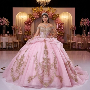 Rsm261096 Impresionante Vestido de Quinceañera con Hombros Descubiertos, Corsé Transparente, Apliques de Encaje Dorado, Tul Rosa Brillante, Estilo Princesa, Jancember - Product Image 1