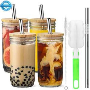 10oz 16oz 300ml 500ml thủy tinh Mason chum lưu trữ chum cho thực phẩm đóng hộp Mứt sữa chua nước trái cây trà bong bóng lạnh Brew với nắp đậy rơm