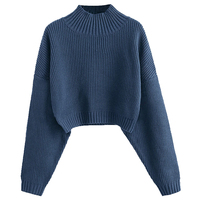 Pull col roulé court personnalisé en gros OEM, manches lanternes, couleur unie, tricot ample, pull à épaules tombantes