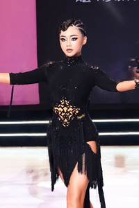 Costume de danse latine Vennystyle en polyester <span class=keywords><strong>noir</strong></span> pour femmes, manches courtes, découpes, plumes, franges, jupes <span class=keywords><strong>tutu</strong></span>, performance, compétition - Product Image 4