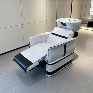 Sillón de Lavacabezas Moderno y de Lujo para Salón de Belleza con Lavabo de Cerámica, Profesional, en Color Blanco Crema y Cuero con Rayas Negras - Product Image 2