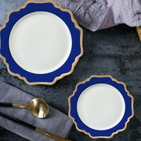 Service de table en céramique à motif tournesol, bordure bleue et dorée, style occidental, logo personnalisé, vaisselle décorative pour hôtel, vente en gros