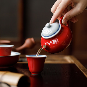 Guanlan Porcelain Teapot Red Glaze Double Lines Round With Lid Large Capacity Kung Fu <b>Tea</b> <b>Set</b> Household Use - Product Image 2