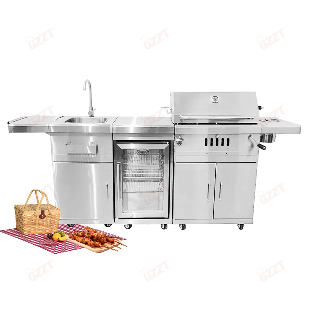 Multifunctionele Outdoor Mobiele Keuken Houtskool Bbq Grill Met Chiller Gootsteen Barbecue Fornuis Sus304 Rvs Houtskool Grill