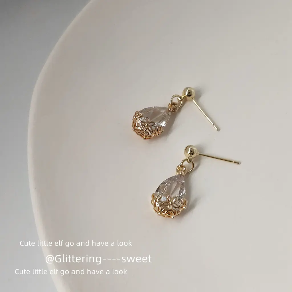 Fashion Jewelry S925 silver needle plated 14K gold copper inlaid water drop Zircon Earrings women's