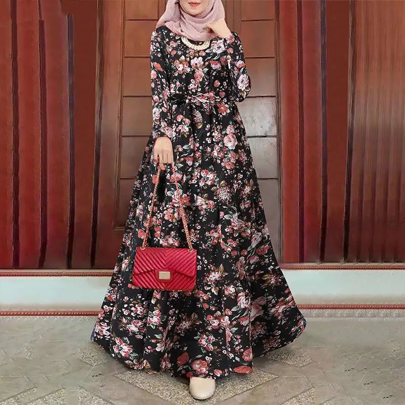 2023 Dubai último diseño ropa islámica elegante estampado Floral Abaya manga larga cintura elástica vestido de Mujer Vestidos musulmanes