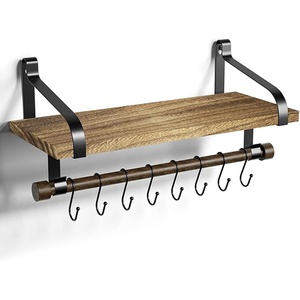 Étagère murale en bois rustique pour salon <span class=keywords><strong>cuisine</strong></span> porte-épices porte-serviettes 8 crochets amovibles Solution de rangement suspendue en plastique usage domestique - Product Image 1