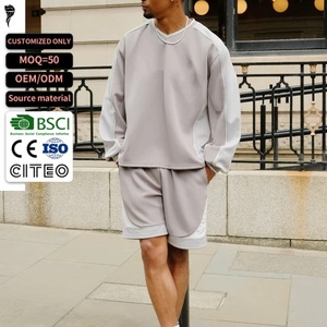 <b>Men</b> Color Block Tracksuit V Neck <b>Long</b> Sleeve Top <b>Shorts</b> Two Piece Casual Set Custom - Product Image 1