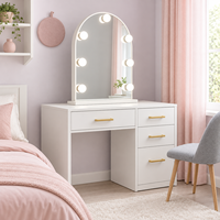 Bureau de maquillage en MDF blanc avec miroir lumineux arqué, 4 tiroirs et poignées dorées, couleurs personnalisables