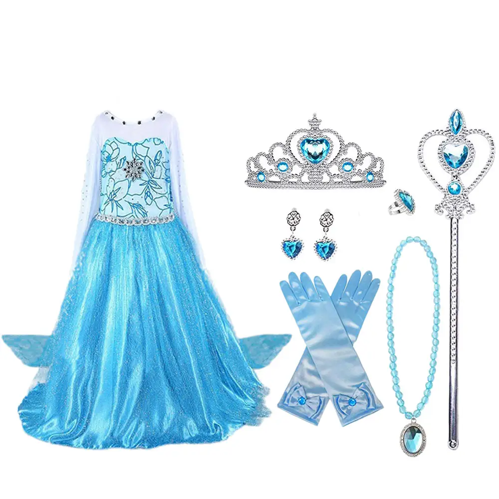 Hot sales Halloween Elsa Princess Fancy Dress Costumes Cosplay Wig Party Girls Dress Elsa Costume Collection for Kids