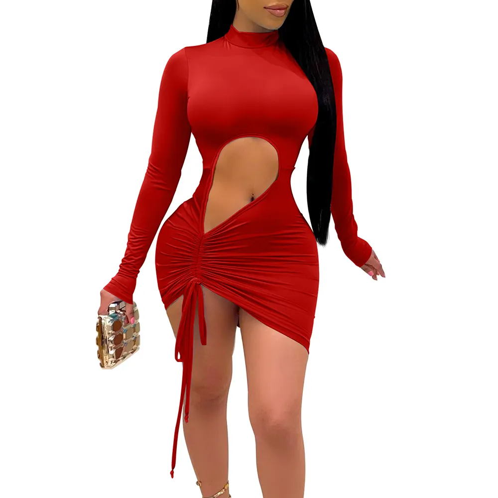 New arrivals summer dress sexy long sleeve ruched hollow out women bodycon dresses