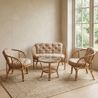 Ensemble de jardin en rotin avec table en verre, mobilier d'extérieur au design tropical, sièges confortables pour 3 personnes