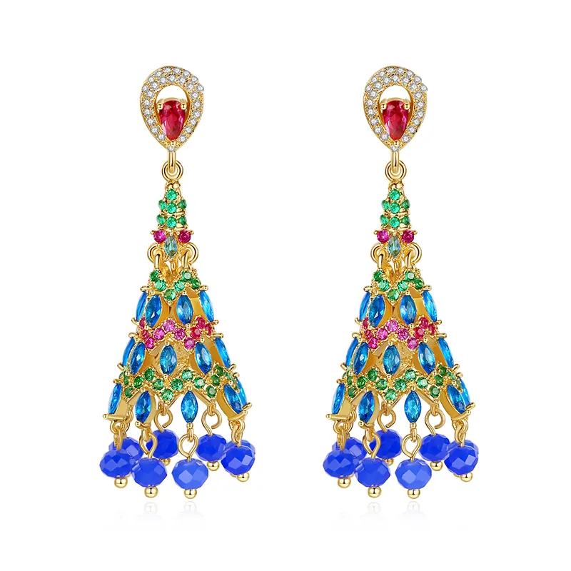 LUOTEEMI Fashionable Blue Luster CZ and Blue Bead Earring of Indian Style Jewelry for Beautiful Woman