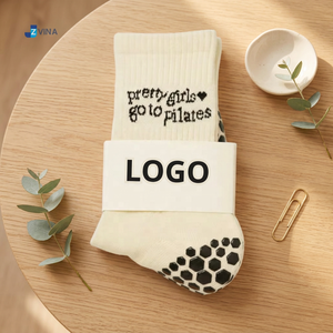 JZVINA <b>Women</b> <b>Crew</b> Pilates <b>Socks</b> Embroidery Letter Print Anti Slip Hex Silicone Grip Soft Yoga Training <b>Socks</b> Custom Logo - Product Image 2