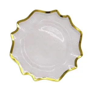 Reusable 13 Inch Gold Rim Transparent Glass Dinner Charger Plates Party Wedding Table Decoration Glass Plate Glass Dish