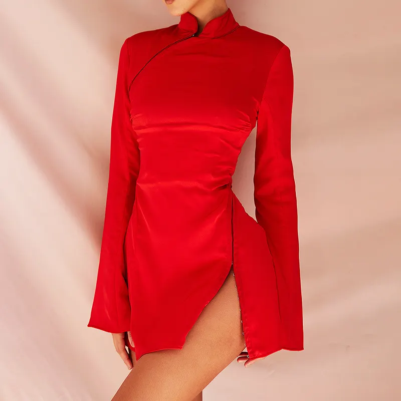 custom dresses women Women Fashion Clothing Designers Factory Oem Custom Scarlet Satin Mini Party Evening Dress