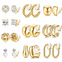 10 Pasang Set Anting Jepit Emas Perak Alloy untuk Wanita, Kristal Mutiara Campuran, Anting Hoop Tebal Tanpa Tindik, Perhiasan Grosir