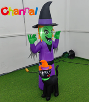 Sorcière gonflable d'Halloween avec chat noir, robe violette gonflable, chapeau de sorcière, lumière LED, décoration de jardin d'Halloween