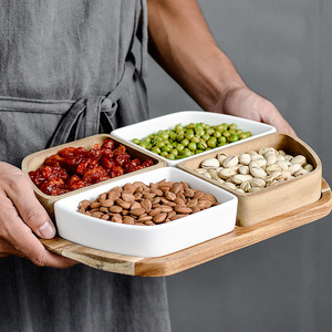 Plateau de noix en céramique en <span class=keywords><strong>bois</strong></span> d'acacia de haute qualité quatre compartiments Mini assiettes de service pour l'usine de bonbons en gros écologique - Product Image 6