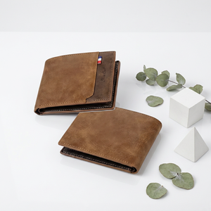 Custom Men's Brown Crazy Horse Cow Leather Short Bifold <b>Wallet</b> with Coin Pocket <b>RFID</b> <b>Blocking</b> Open Closure - Product Image 2
