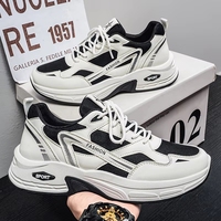 Baskets Chunky Homme Noires et Blanches en Maille et Cuir Patchwork Respirantes à Lacets Plateforme Épaisse Chaussures de Sport Décontractées