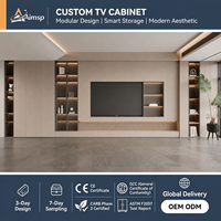 Système de meuble mural TV sur mesure prêt pour l'OEM, panneaux crème, étagères ouvertes éclairées par LED, design en placage de bois pour l'affichage en villa ou en salle d'exposition