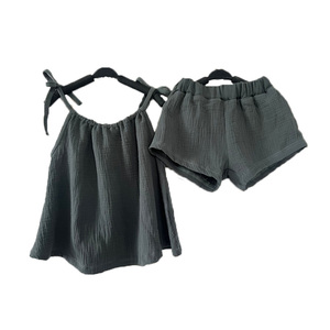 Autunno grazioso stile occidentale 100% cotone <span class=keywords><strong>mussola</strong></span> <span class=keywords><strong>camicia</strong></span> da bambino senza maniche con abiti da festa brevi e dolci - Product Image 2