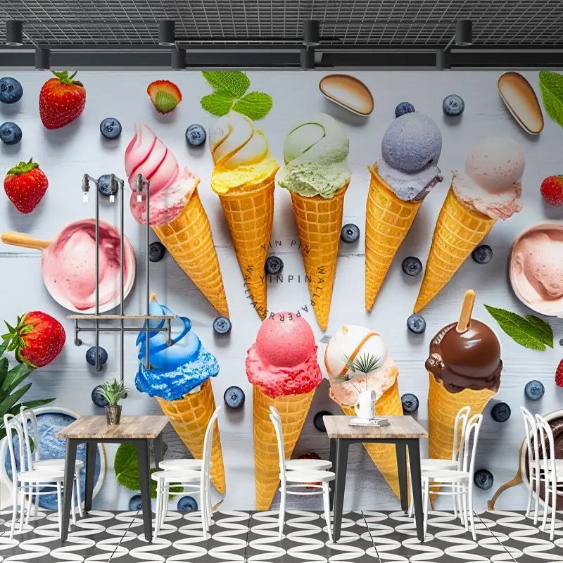 Crème glacée mur graphique peeling café restaurant auto-adhésif vinyle papier peint mural