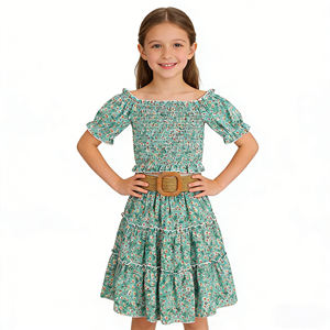 Set gonna per bambina, top corto con volant floreale e spalle scoperte, gonna in denim con fiocco, abiti estivi per bambini, abbigliamento per tutti i giorni - Product Image 3