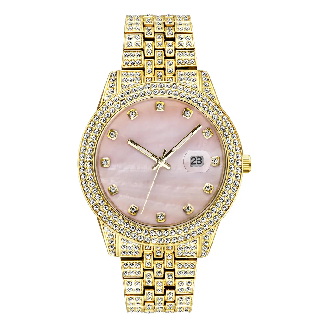 Nuevo reloj de mujer con cara rosa, oro, plata, Diamante helado, hip hop, chica ostentosa