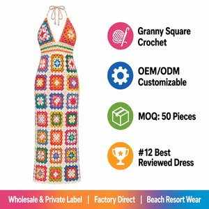 Robe longue personnalisée pour femme, au crochet, motif carré Granny Square, col licou, dos nu, patchwork multicolore, style bohème plage, OEM, vente en gros, commande en gros - Product Image 4