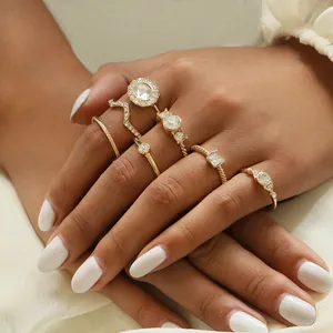 SinDlan新品金色设计大水晶指环复古几何宝石戒指女孩