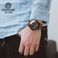 OCHSTIN 62028 GA62028 Montres-bracelets en cuir véritable pour hommes Boîtier évidé Calendrier mécanique automatique Montres étanches