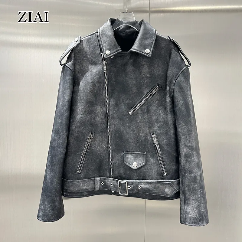 Fashion Rubbed Leather Jacket Cowhide Heavy Industry Lapel motorcycle style loose jacket
